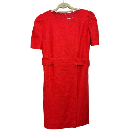 William Pearson Vintage Red Dress Belt Lined Faux Wrap Short Sleeve Button Sz 12 - Picture 8 of 14